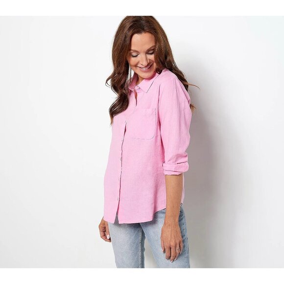 Candace Cameron Bure Camellia Pink Regular Linen Blend Button- Front Shirt SizeM - Picture 1 of 6